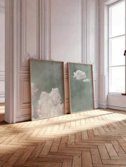 1pc/2pcs Sage Green Cloud And Mouse Tail Wall Art Posters -Modern Abstract Sky Canvas Prints For Living Room, Bedroom, Dorm, And Home Aesthetic Decor - Perfect Gift, Optional Frame ,Wall Art With Frame