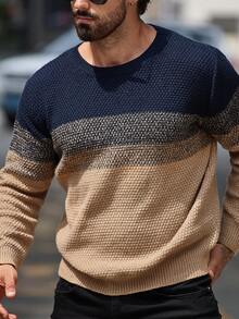 Manfinity Mode Áo len dệt kim dài tay cổ tròn màu tương phản cho nam, mùa thu/đông - Nhiều màu - Xem 5