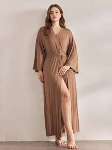 Ocili Leisure Soft & Simple Long Sleeve Plus Size Robe, Chic Autumn Easy Comfort Autumn Slumber, Cozy Outfit, Fall & Winter - Brown - View 5