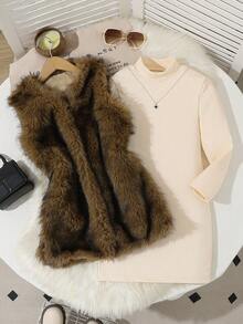 两件套女童无袖蓬松背心外套和纹理修身针织连衣裙，休闲度假装 - 杏色 - 查看 3