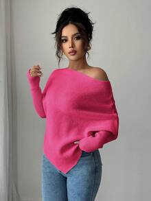 Elenzga Áo len dệt kim cổ tròn tay cánh dơi không đều dành cho nữ, thanh lịch, đa năng cho kỳ nghỉ và ngày lễ, mùa xuân/thu/đông - Màu Hồng Tươi - Xem 7