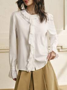 INAWLY Women's White Lace Trim Puff Sleeve Elegant Blouse - White - View 4