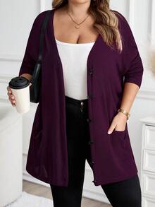 SHEIN CURVE+ Plus Size Women's Solid Color Autumn Purple Sweater Cardigan With Pockets, Holiday Set/Winter - Purple - View 7