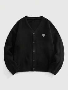 EASEVO Plus Size Men's Heart Embroidery Long Sleeve Single-Breasted Casual Knit Cardigan Sweater, For Winter - Black - View 1