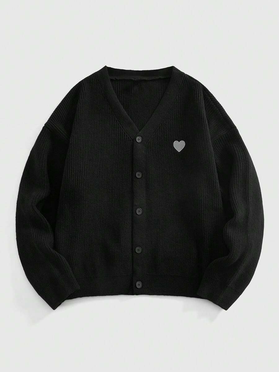 EASEVO Plus Size Men's Heart Embroidery Long Sleeve Single-Breasted Casual Knit Cardigan Sweater, For Winter - Black - View 1