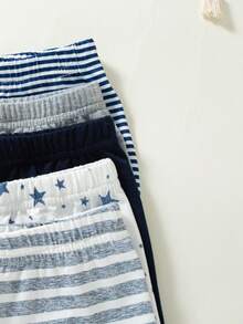 SHEIN Playful Pals 5条装男女通用婴儿条纹星形印花裤，舒适休闲裤 - 軍綠色 - 查看 6