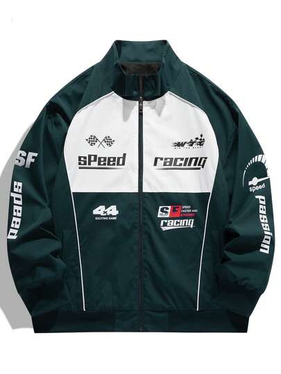 Manfinity EMRG 男士字母印花撞色拉链领休闲长袖夹克赛车夹克赛车外套赛车服