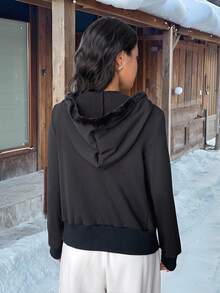 SHEIN Unity 1pc Women's Black Vintage Slim Fit Hooded Jacket, Thermal Lined With Faux Fur Collar, Casual/Commute Wear For Autumn/Winter - Black - View 2