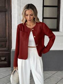 Pariaura 优雅法式风格编织圆领长袖修身绿色女式外套，夏季新品 - 紅色 - 查看 4