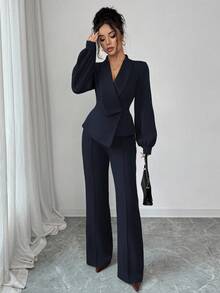 Elenzga 女士优雅休闲通勤度假下午茶聚会纯色不规则交叉领西装外套灯笼袖衬衫袖口松紧腰A字喇叭裤套装，适合春、秋、冬季穿着。 - 藏蓝色 - 查看 6