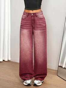 SHEIN Tall Women's Casual Washed Vintage Wide Leg Jeans - Burgundy - View 4