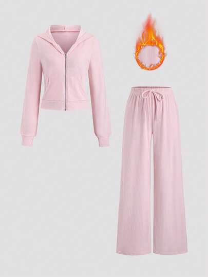 Sweetra 2pcs Women Casual Outfit: Minimalist Stylish Zip-Up Hoodie Jacket And Flared Pants, Suitable For Commuting, Leisure, Autumn/Winter