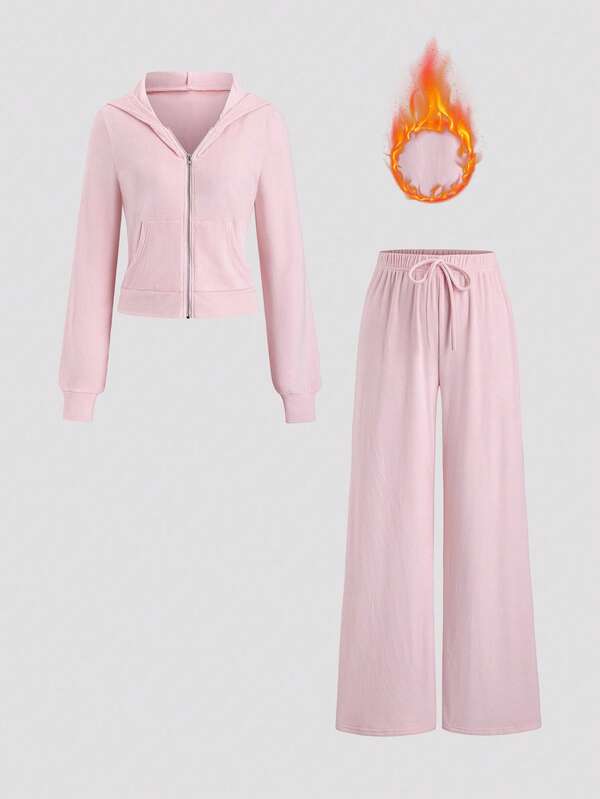 Sweetra 2pcs Women Casual Outfit: Minimalist Stylish Zip-Up Hoodie Jacket And Flared Pants, Suitable For Commuting, Leisure, Autumn/Winter