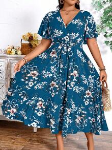 SHEIN Plus Size Holiday Floral Print Dress Maxi Women Outfit - Teal Blue - View 3