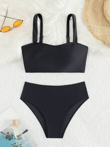 SHEIN Swim Women's Solid Color Sexy Bikini Swimsuit Set, Summer Beach - Black - View 6