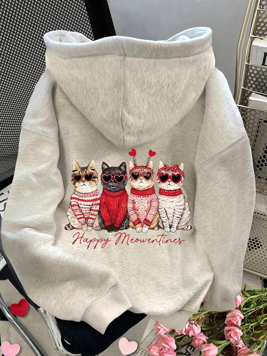 SHEIN 女士标语猫咪印花落肩长袖休闲卫衣，情人节 - 淺灰色 - 查看 1