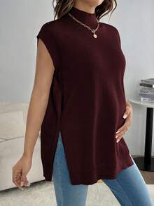 SHEIN 孕妇休闲纯色立领侧开衩针织背心