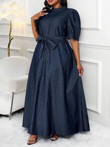 SHEIN Lady Đầm denim tay ngắn buộc eo thường ngày cỡ lớn cho nữ - Rửa tối - Xem 3