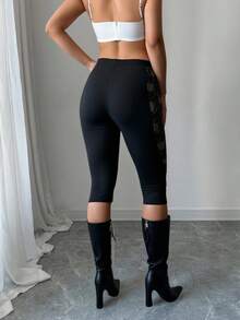 INAWLY Quần short bó ren gợi cảm chắp vá cỡ lớn dành cho nữ - màu đen - Xem 3