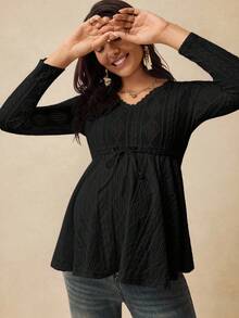 Boho Mama Maternity Casual Solid Color Textured Drawstring Waist T-Shirt - Black - View 6