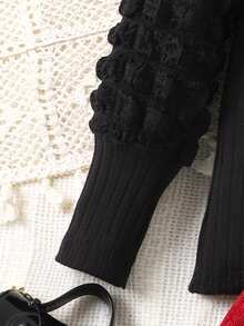 Elladie kids 两件套女童休闲套装：黑色泡泡袖长袖上衣 + 卡其色灯芯绒蝴蝶结半裙，可爱复古风，舒适贴身，适合日常、旅行、上学、聚会等场合。 - 彩色 - 查看 3