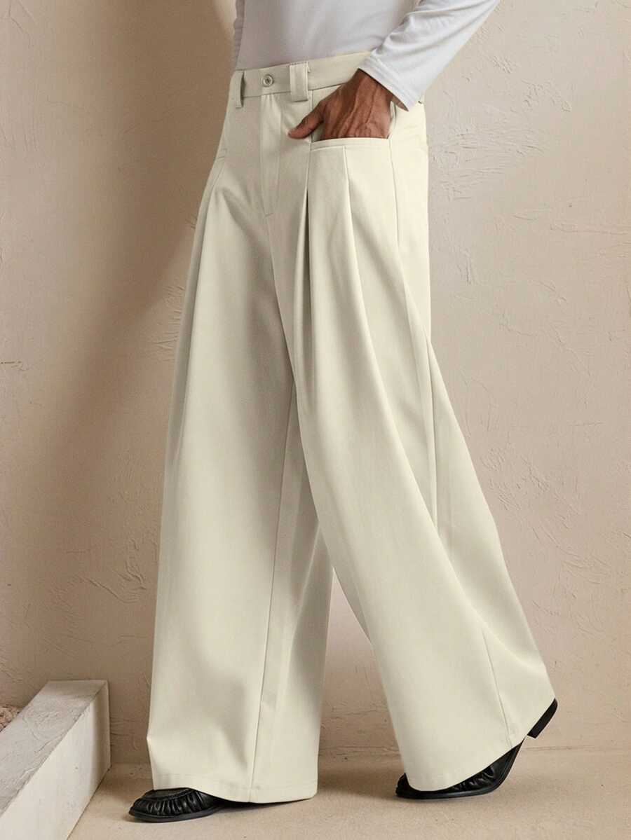 SWAVVY 男士梭织休闲宽松直筒纯色裤 - 杏色 - 查看 1