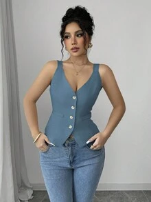 Elenzga Vorne Knopfverschluss Lässig einfarbig Ärmellos Damen Tank Tops - Blau - Übersicht 7