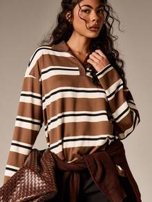 AiiRZ Langarm Poloshirt mit horizontalen Streifen, lässiges Knopfkragen Oberteil für Herbst und Winter Mode - Braun - Übersicht 6