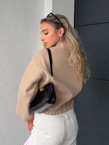 Jeta Ari Solid Color Stand Collar Pocket Short Jacket For Women,Fall Clothes - Apricot - View 2