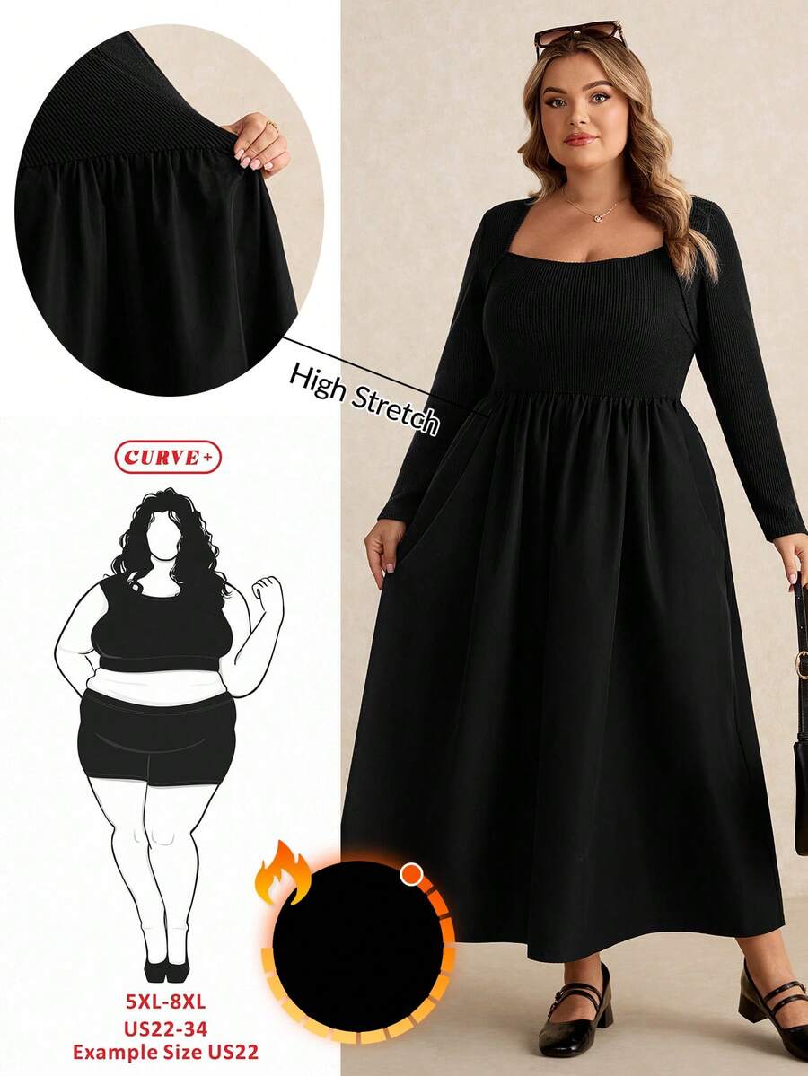 SHEIN CURVE+ Đầm dệt kim cổ vuông đơn giản, đơn giản, dễ mặc, dáng rộng, cỡ lớn, dành cho nữ, dáng dài đến trung bình - màu đen - Xem 1