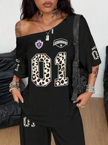 Coolane 2 件套女士休闲复古运动风格豹纹印花 01 号徽章图案斜肩 T 恤和运动裤套装，适合秋冬 - 彩色 - 查看 3