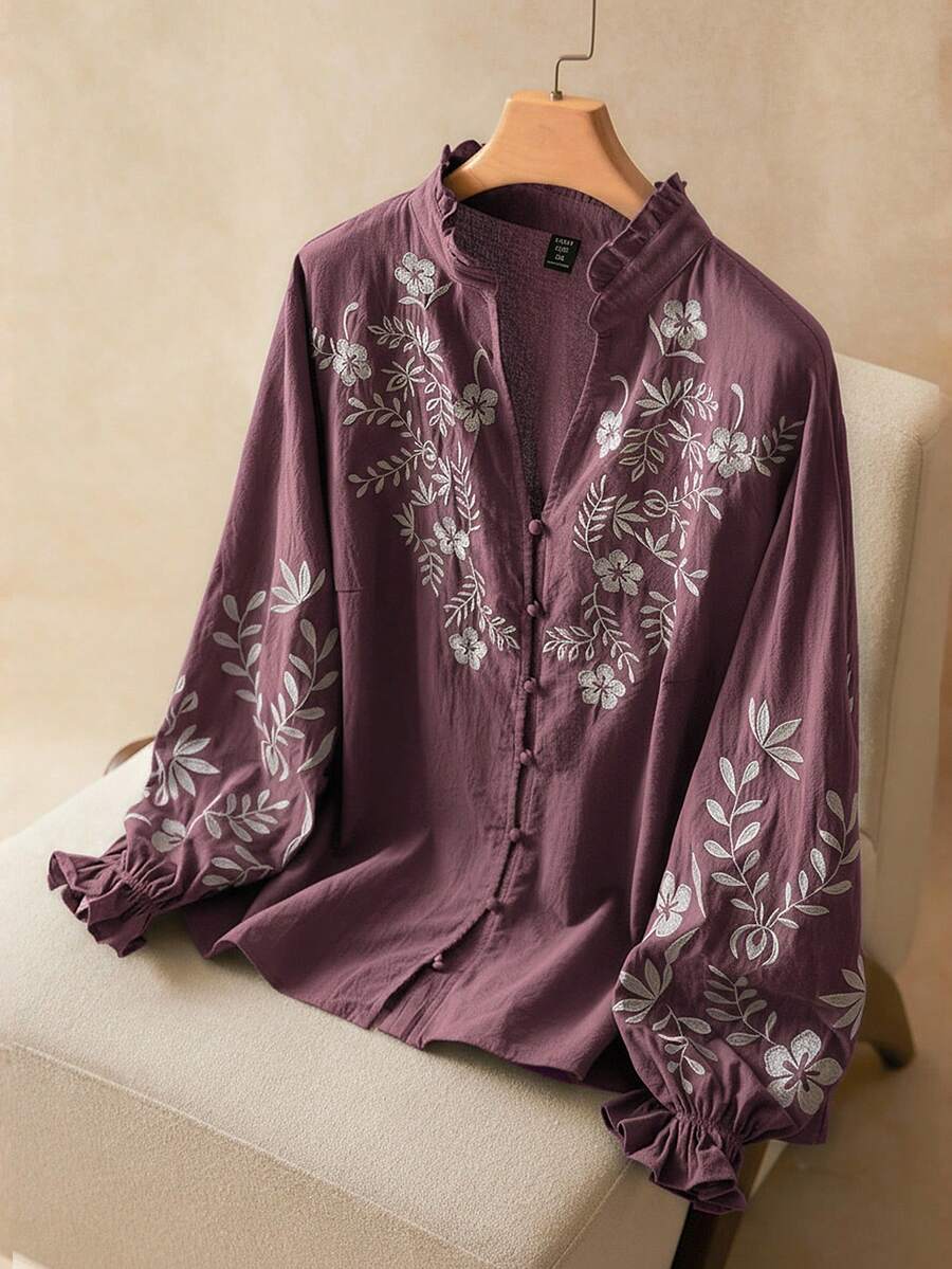 Elaquor Plus Size Women Floral Embroidery Frill Trim Button-Up Casual Shirt - Dusty Purple - View 1