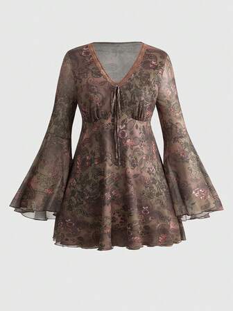 Goth Vestido de mujer de talla grande con estampado de paisley vintage romántico, cuello en V y mangas acampanadas
