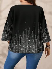 EMERY ROSE Blusa casual oversize da donna con stampa all-over, collo rotondo, maniche 3/4 morbide, adatta per autunno/inverno, top con paillettes, top scintillante, bluse eleganti da donna, bluse eleganti da donna, per Capodanno, Capodanno, top estivi, estivi per donna, top nero - Multicolore - Visualizzare 4