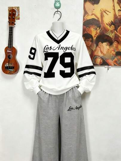 INAWLY 女士休闲日常通勤运动风格数字和字母印花 V 领宽松运动衫和松紧腰阔腿裤 2 件套，春秋