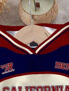 SHEIN 2件套女婴休闲复古字母数字徽章图案套头卫衣和宽松长裤套装，运动时尚 - 彩色 - 查看 4