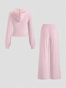 Sweetra 两件套女士休闲套装：简约时尚拉链连帽外套和喇叭裤，适合通勤、休闲、秋冬季穿着。 - 粉色 - 查看 2