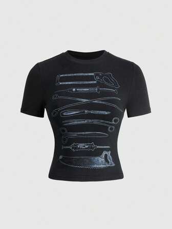 ROMWE Avant Camiseta gráfica de cuello redondo de ajuste ceñido y versátil para mujer, estilo Y2K