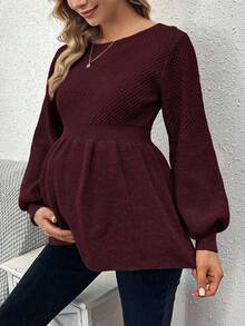 SHEIN Maternity Casual Solid Color Lantern Sleeve Sweater, Autumn/Winter - Red Violet - View 3