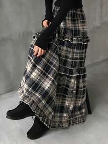 FRIFUL 女士弹力腰格子层叠荷叶边下摆休闲半身裙 - 彩色 - 查看 4