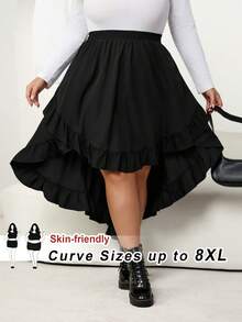 SHEIN CURVE+ 大码女式黑色荷叶边半身裙，复古黑色多层半身裙/2026/新年 - 黑色 - 查看 1