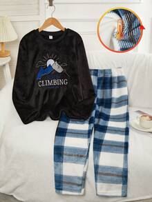 男士山地刺绣黑色长袖上衣搭配经典黑蓝格纹抓绒裤休闲家居服套装，舒适居家服，冬季之选 - 黑色 - 查看 3