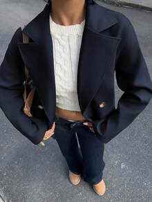 Flirla Apricot Lapel Collar, Double-Breasted Button, Pockets, Long Sleeve, Short Coat, Fashion, Commute, Office, Casual, Elegant, Retro, Academic, Daily, Date, Women, Autumn/Winter - Navy Blue - View 7