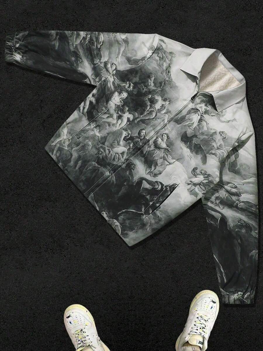 PAVTROS Áo khoác gió dài tay nam kiểu dáng thường ngày, đa năng, thể thao, giữ ấm, có lớp lót giữ nhiệt, in họa tiết toàn thân, phong cách đường phố. - Màu Khaki - Xem 1