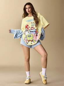 SpongeBob SquarePants | SHEIN Women's Casual Everyday Commute Cute Cartoon Letter Graphic Loose Fit Drop Shoulder T-Shirt, Light Yellow - Light Yellow - View 7