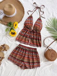 Soleia 女士复古条纹印花V领系带露背上衣搭配宽松超短裤两件套，适合度假、邮轮、假日、约会、下午茶、夜店、海滩、海岛度假村、公路旅行、音乐节、波西米亚风度假等场合，室内外均可穿着，四季皆宜 - 棕色 - 查看 6