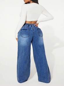 SHEIN SXY 大码女式抽绳腰口袋做旧阔腿宽松休闲牛仔裤 - 藍色 - 查看 2