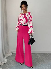 Elenzga 女士印花拼接腰部阔腿连体裤，优雅廓形，适合日常通勤和百搭穿着 - 玫紅色 - 查看 3