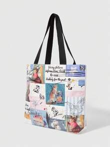ROMWE Grunge Punk 1pc Cartoon Pattern Large Capacity Handheld Shoulder Bag With Cute Bear Elements And Literary Text Printing Combined With Daily Travel, Shopping, Commuting, Personalized Bag - Multicolor - View 3