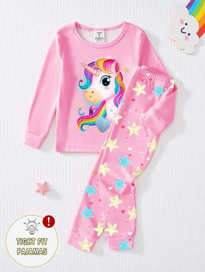 Set de 2 piezas de pijama para niñas jóvenes, conjunto de top de manga larga de cuello redondo y pantalones de ajuste ceñido con estampado de unicornio que brilla en la oscuridad